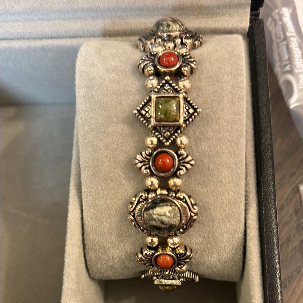 Ornate Green and Orange Bracelet with Vintage Metalwork